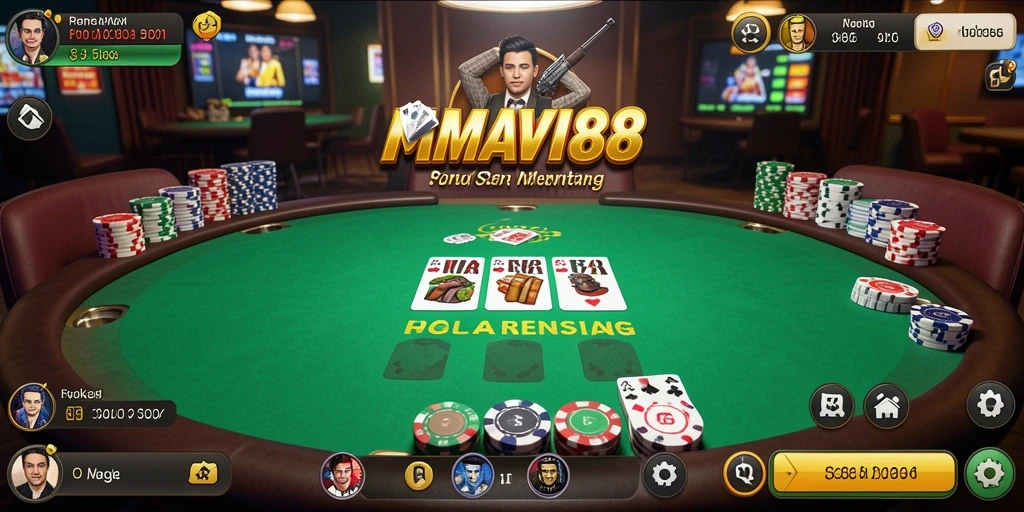 Tampilan gameplay AMAVI88 yang menegangkan dengan pemain poker berkompetisi.