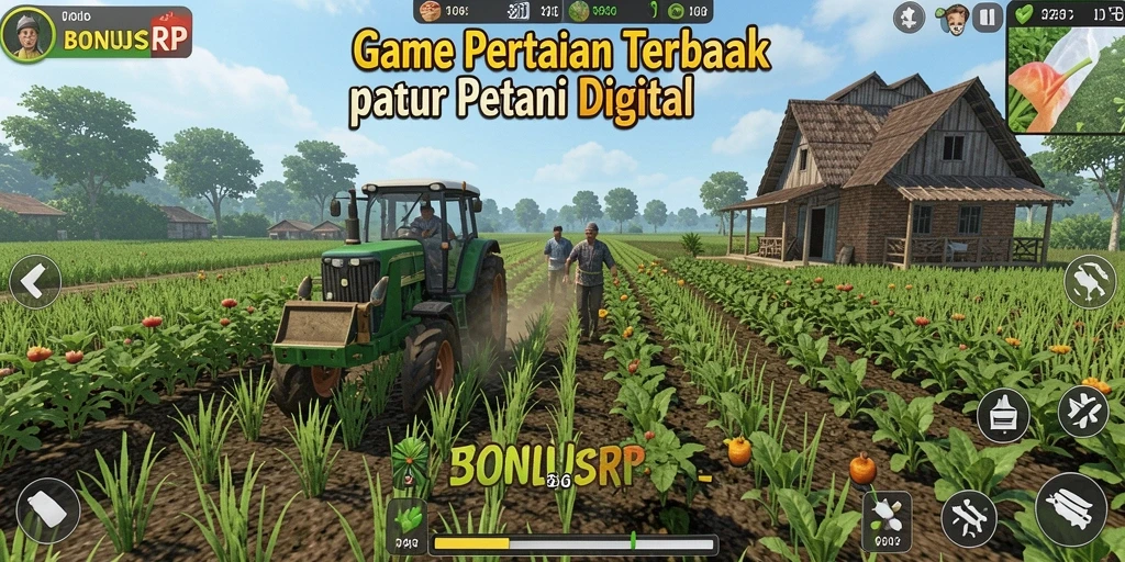 Tangkapan layar BONUSRP menunjukkan petani mengelola ladang dengan tanaman subur.