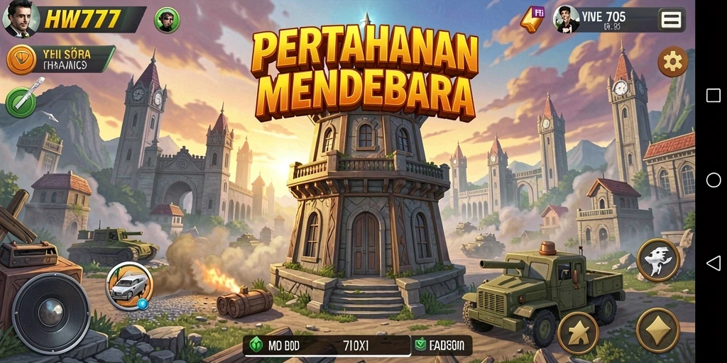 Gameplay HW777 dengan menara pertahanan yang beragam dan menantang.