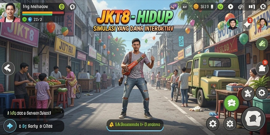 Tampilan gameplay interaktif dalam JKT8 yang menggambarkan dunia simulasi.