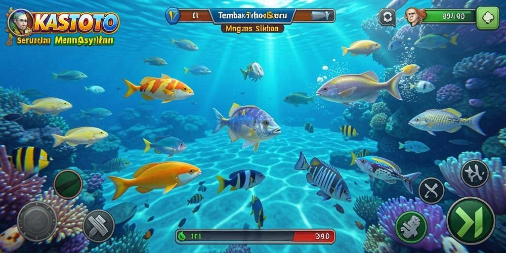 Tampilan gameplay KASTOTO dengan ikan beragam di lautan.