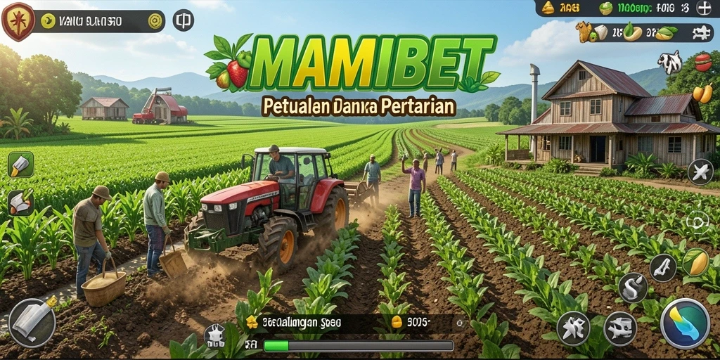 Tampilan gameplay <strong>MAMIBET</strong> dengan kebun dan hewan ternak.