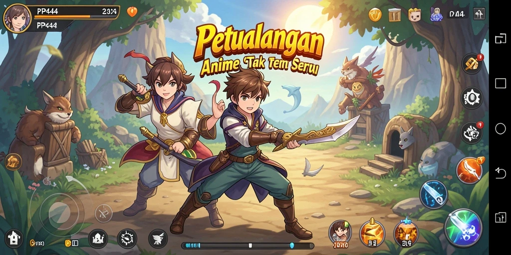 Screenshot gameplay PP444 menampilkan aksi karakter Anime yang dinamis dan berwarna.