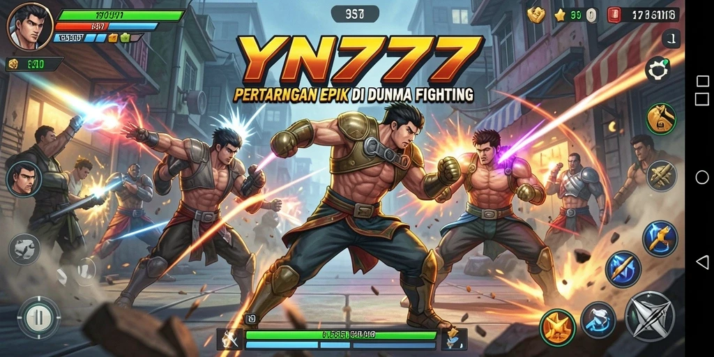 Screenshot YN777 menunjukkan karakter bertarung di arena yang penuh aksi.